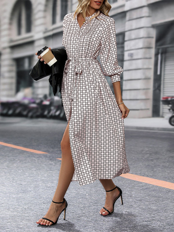 Long Sleeve Printed Midi Dress With High-Waist Tie Belt-TOPS / DRESSES-[Adult]-[Female]-2022 Online Blue Zone Planet