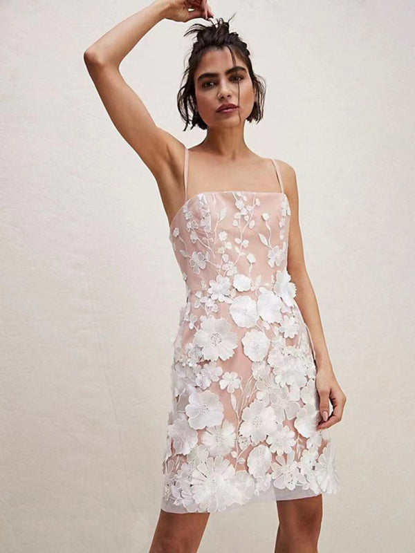 three-dimensional flower embroidery spaghetti strap dress skirt kakaclo