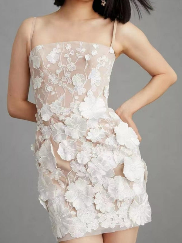 three-dimensional flower embroidery spaghetti strap dress skirt kakaclo