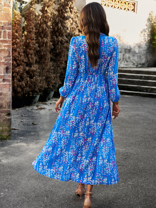 Women's Fashion V Neck Long Sleeves Elegant Chiffon Dress BLUE ZONE PLANET