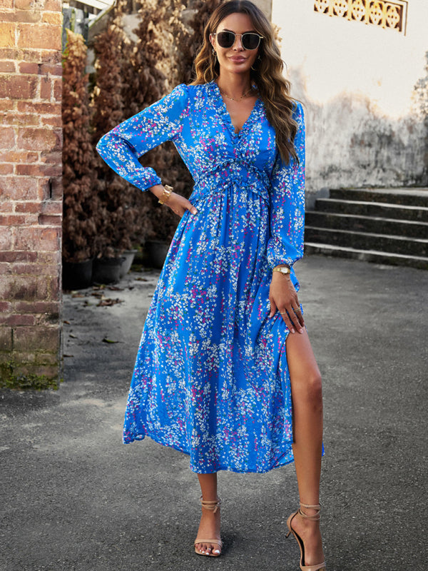 Women's Fashion V Neck Long Sleeves Elegant Chiffon Dress BLUE ZONE PLANET