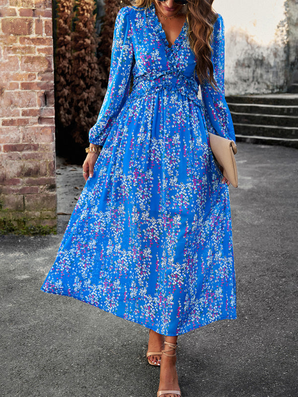 Women's Fashion V Neck Long Sleeves Elegant Chiffon Dress BLUE ZONE PLANET
