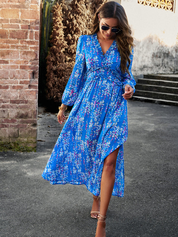 Women's Fashion V Neck Long Sleeves Elegant Chiffon Dress BLUE ZONE PLANET