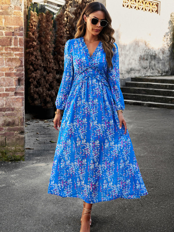 Women's Fashion V Neck Long Sleeves Elegant Chiffon Dress BLUE ZONE PLANET