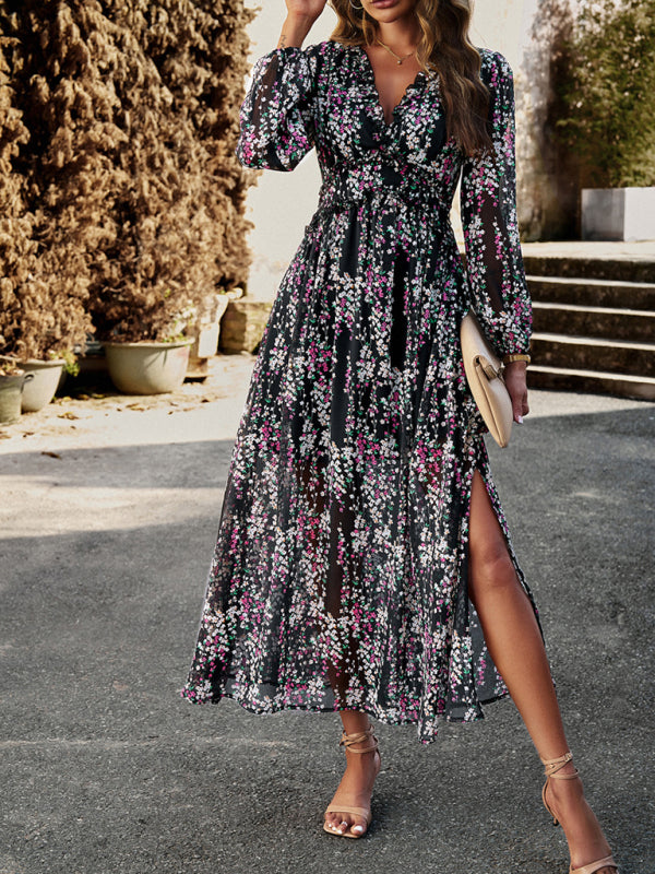 Women's Fashion V Neck Long Sleeves Elegant Chiffon Dress BLUE ZONE PLANET