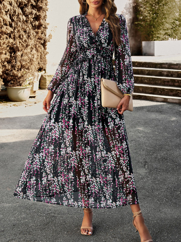 Women's Fashion V Neck Long Sleeves Elegant Chiffon Dress BLUE ZONE PLANET