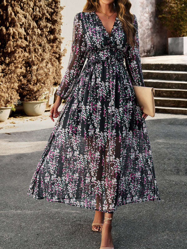 Women's Fashion V Neck Long Sleeves Elegant Chiffon Dress BLUE ZONE PLANET