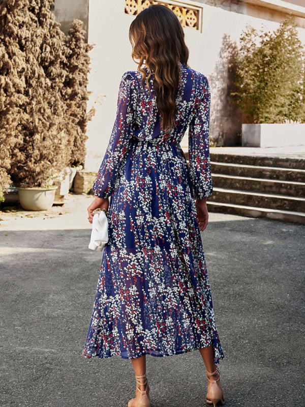 Women's Fashion V Neck Long Sleeves Elegant Chiffon Dress BLUE ZONE PLANET
