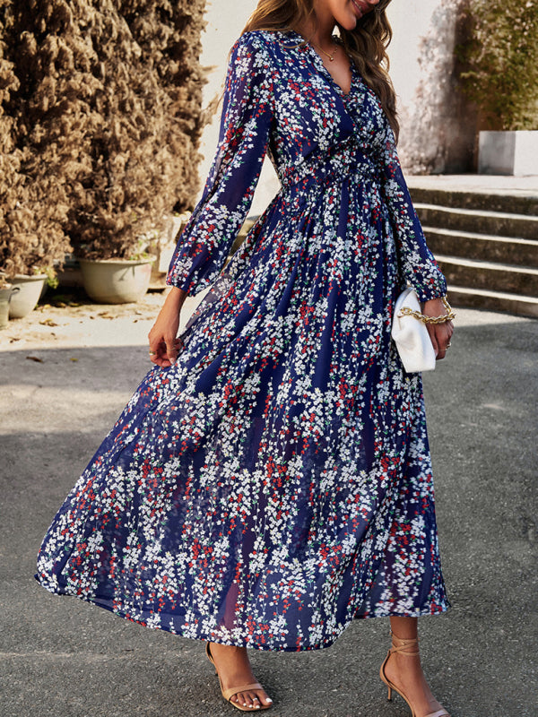 Women's Fashion V Neck Long Sleeves Elegant Chiffon Dress BLUE ZONE PLANET