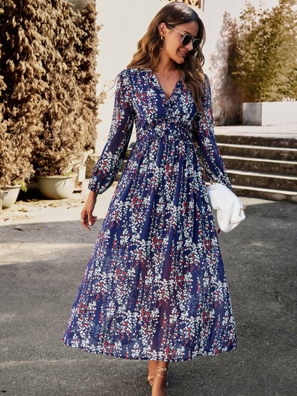 Women's Fashion V Neck Long Sleeves Elegant Chiffon Dress BLUE ZONE PLANET