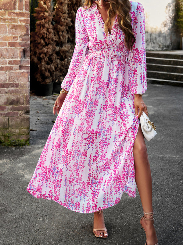 Women's Fashion V Neck Long Sleeves Elegant Chiffon Dress BLUE ZONE PLANET