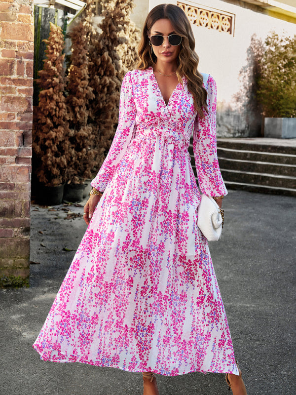 Women's Fashion V Neck Long Sleeves Elegant Chiffon Dress BLUE ZONE PLANET