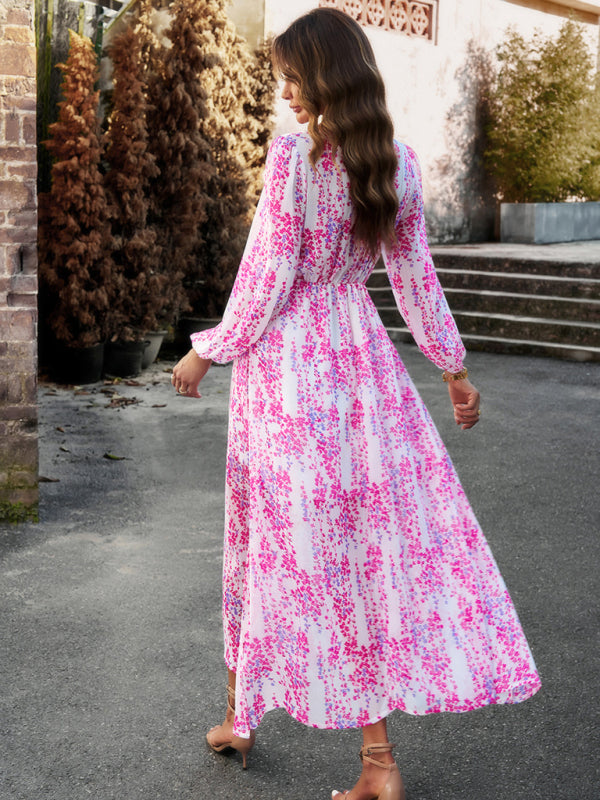 Women's Fashion V Neck Long Sleeves Elegant Chiffon Dress BLUE ZONE PLANET