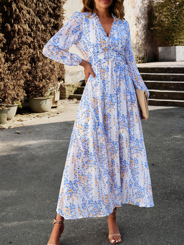 Women's Fashion V Neck Long Sleeves Elegant Chiffon Dress BLUE ZONE PLANET