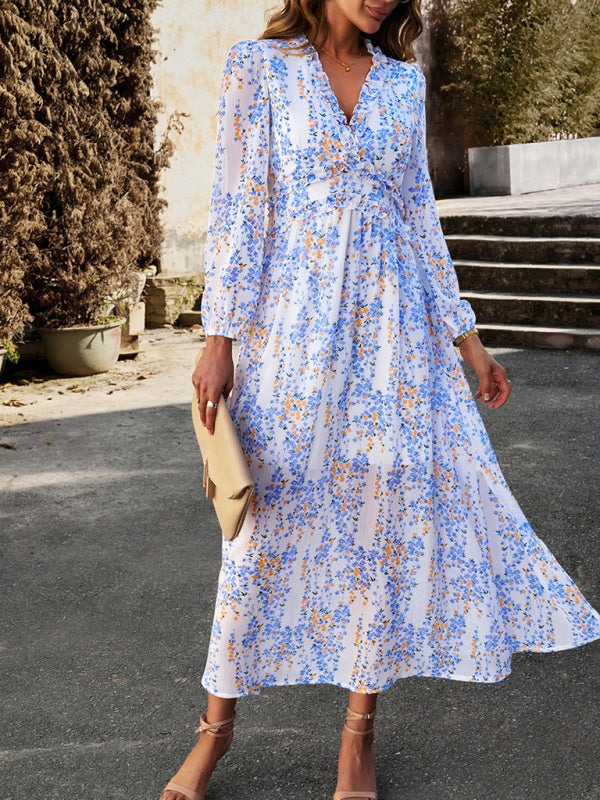 Women's Fashion V Neck Long Sleeves Elegant Chiffon Dress BLUE ZONE PLANET