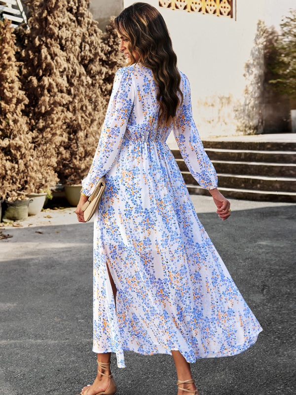 Women's Fashion V Neck Long Sleeves Elegant Chiffon Dress BLUE ZONE PLANET