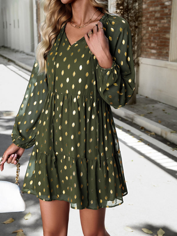 autumn chiffon v-neck long-sleeved commuter dress kakaclo