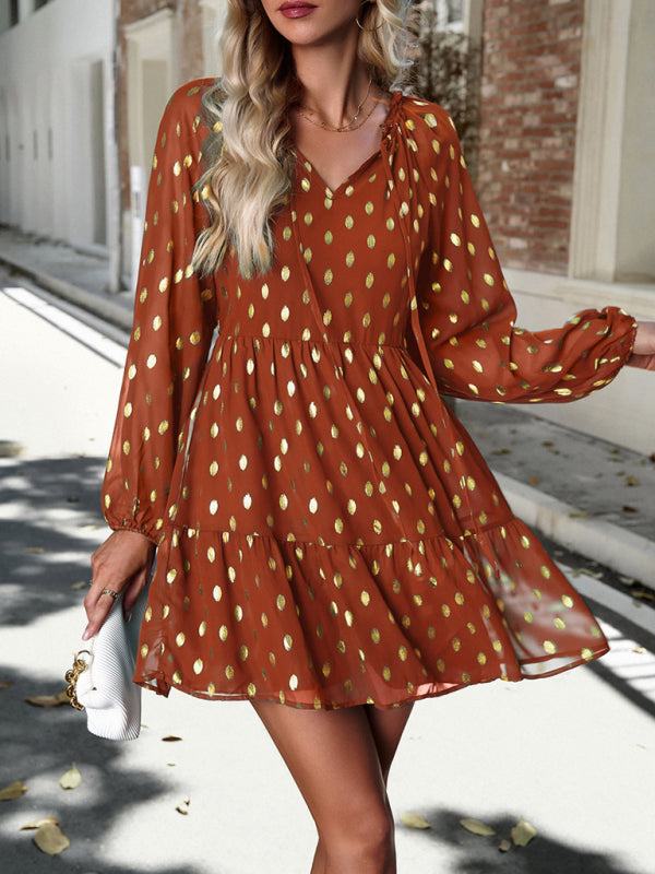autumn chiffon v-neck long-sleeved commuter dress kakaclo