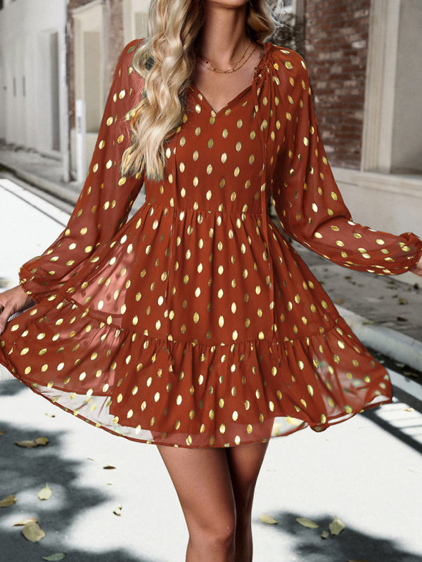 autumn chiffon v-neck long-sleeved commuter dress kakaclo