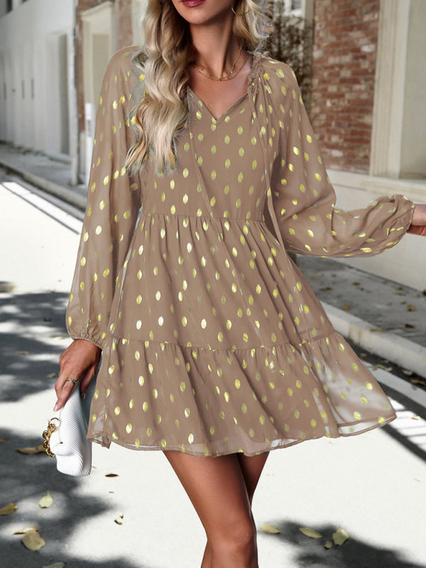 autumn chiffon v-neck long-sleeved commuter dress kakaclo