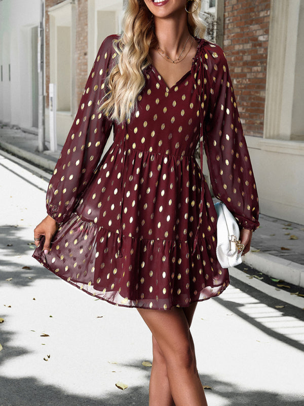 autumn chiffon v-neck long-sleeved commuter dress kakaclo