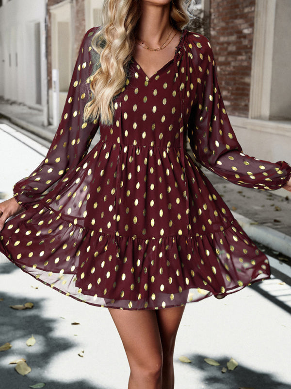 autumn chiffon v-neck long-sleeved commuter dress kakaclo