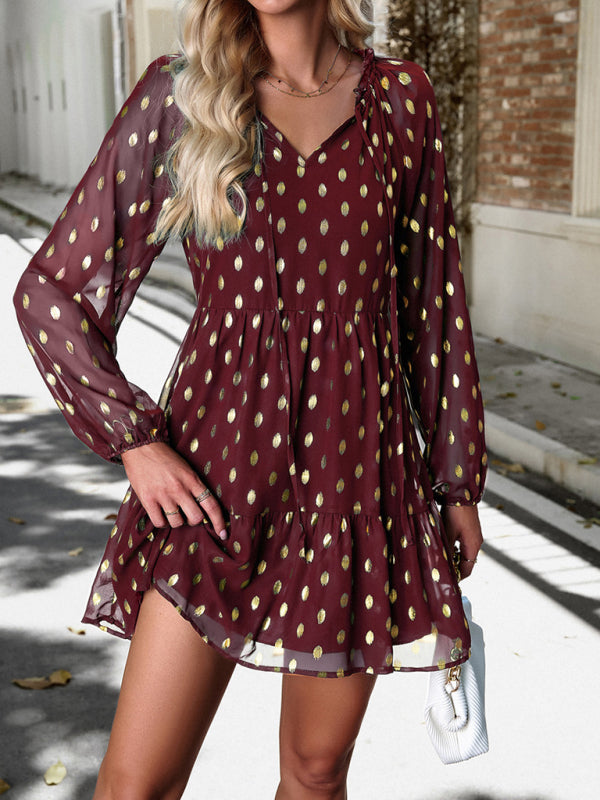 autumn chiffon v-neck long-sleeved commuter dress kakaclo