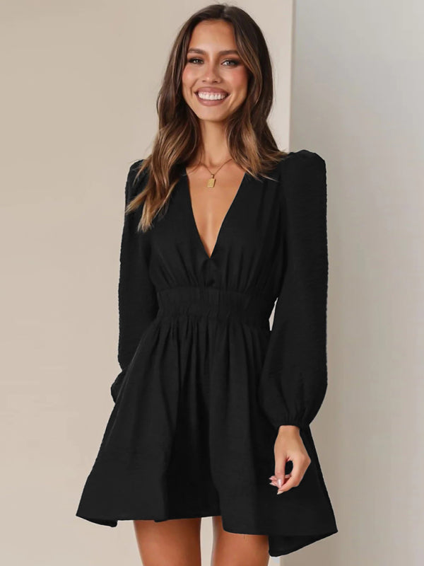Blue Zone Planet | Deep V Neck Long Sleeve Pleated Splicing Mini Dress BLUE ZONE PLANET