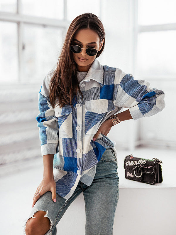 Fashion Color Plaid Shirt Brushed Wool Jacket kakaclo