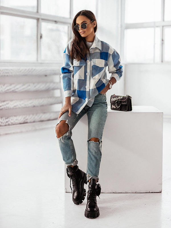 Fashion Color Plaid Shirt Brushed Wool Jacket kakaclo