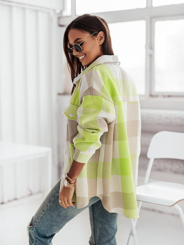 Fashion Color Plaid Shirt Brushed Wool Jacket kakaclo