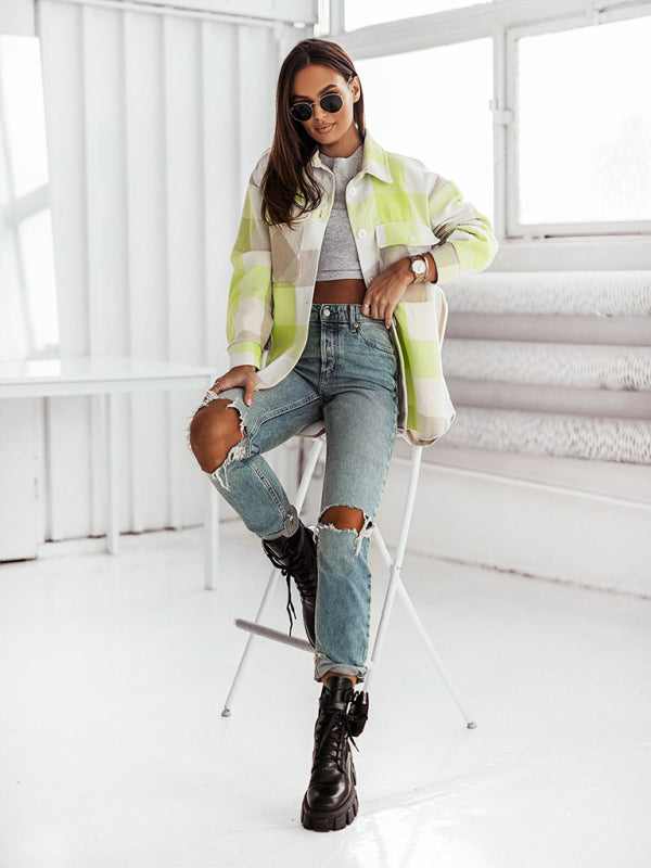 Fashion Color Plaid Shirt Brushed Wool Jacket kakaclo