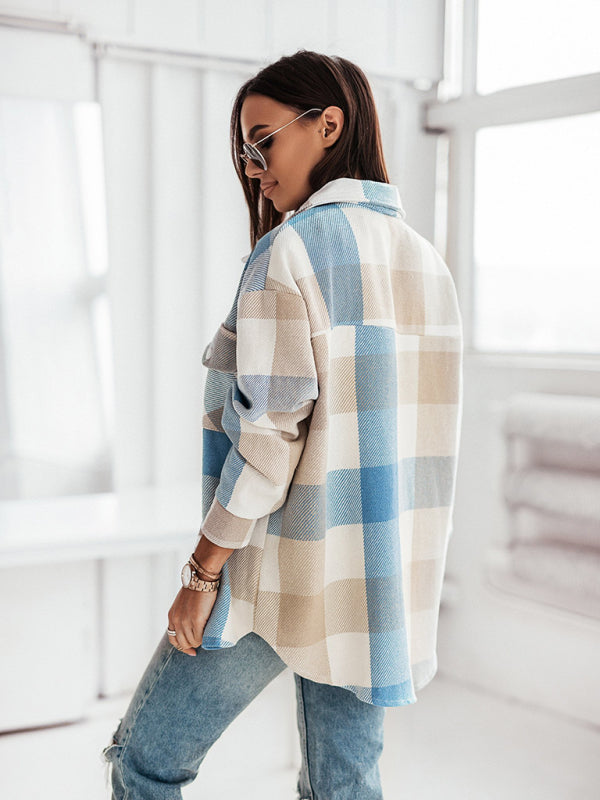 Fashion Color Plaid Shirt Brushed Wool Jacket kakaclo