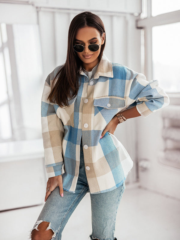 Fashion Color Plaid Shirt Brushed Wool Jacket kakaclo
