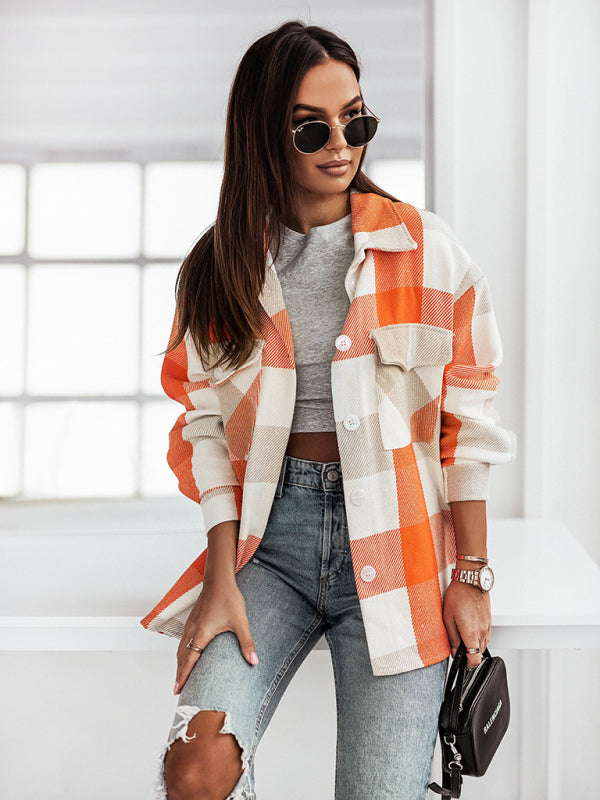 Fashion Color Plaid Shirt Brushed Wool Jacket kakaclo