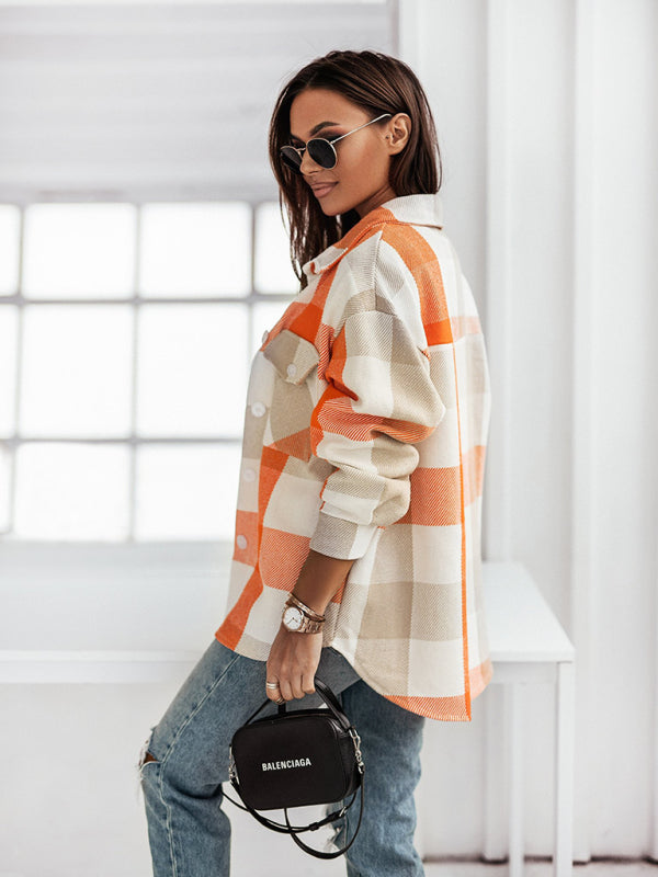 Fashion Color Plaid Shirt Brushed Wool Jacket kakaclo