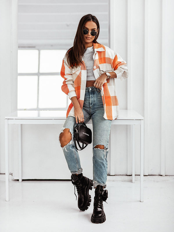 Fashion Color Plaid Shirt Brushed Wool Jacket kakaclo
