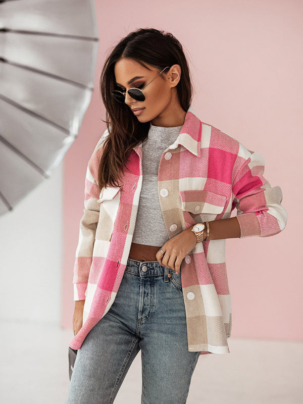 Fashion Color Plaid Shirt Brushed Wool Jacket kakaclo
