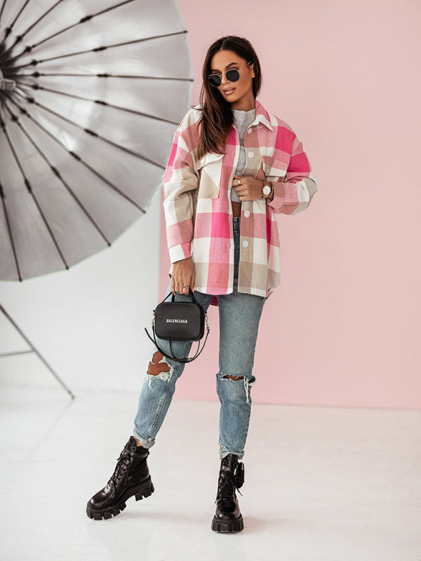 Fashion Color Plaid Shirt Brushed Wool Jacket kakaclo