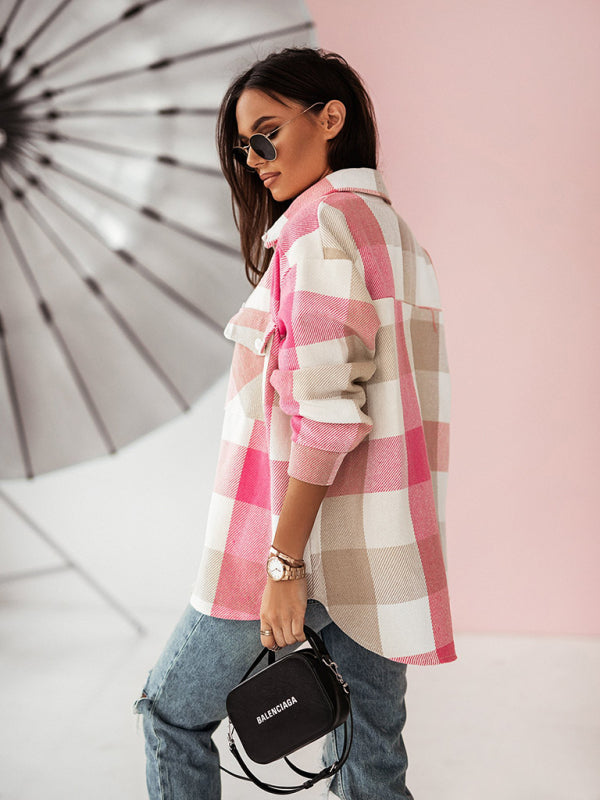 Fashion Color Plaid Shirt Brushed Wool Jacket kakaclo