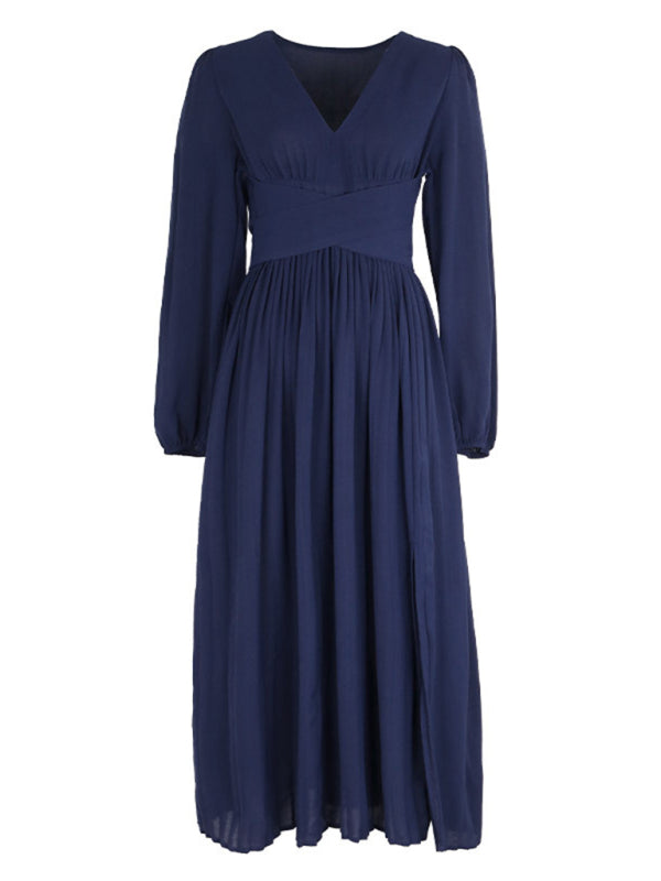 Solid Color Waist Bandage Slit Long Sleeve Dress kakaclo