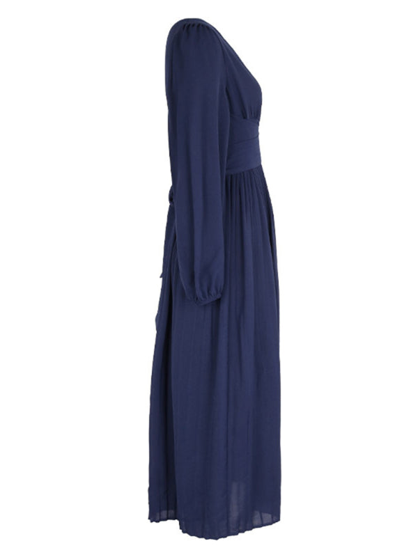 Solid Color Waist Bandage Slit Long Sleeve Dress kakaclo