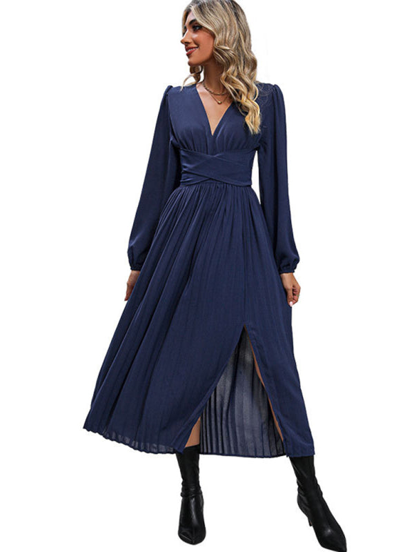 Solid Color Waist Bandage Slit Long Sleeve Dress kakaclo