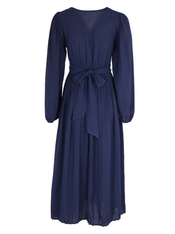 Solid Color Waist Bandage Slit Long Sleeve Dress kakaclo