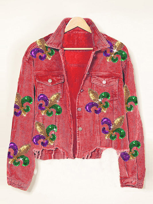 Corduroy and sequined tassel baseball jacket-TOPS / DRESSES-[Adult]-[Female]-Red-S-2022 Online Blue Zone Planet