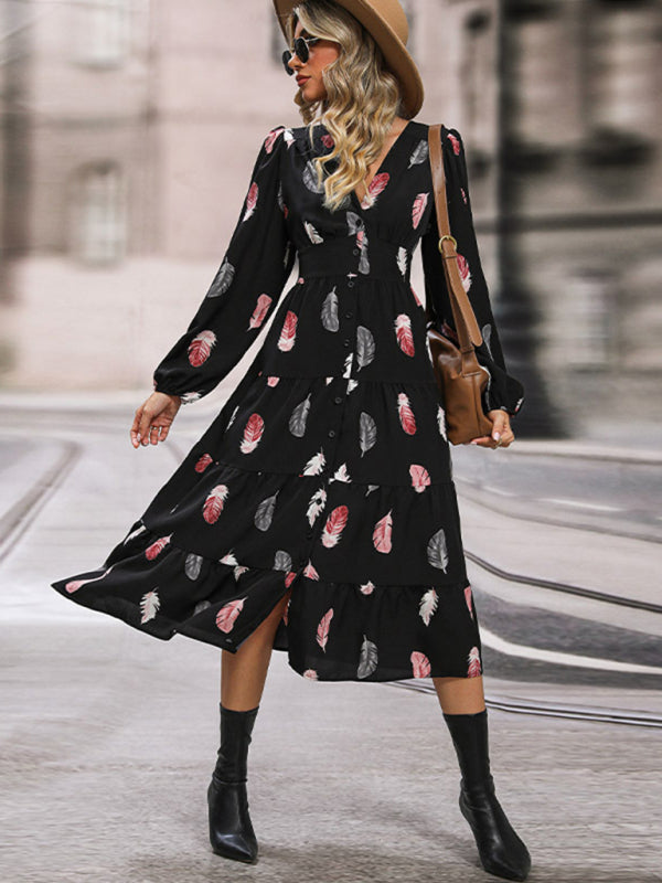 Blue Zone Planet | Long Sleeve Feather Print Elegant Midi Dress BLUE ZONE PLANET