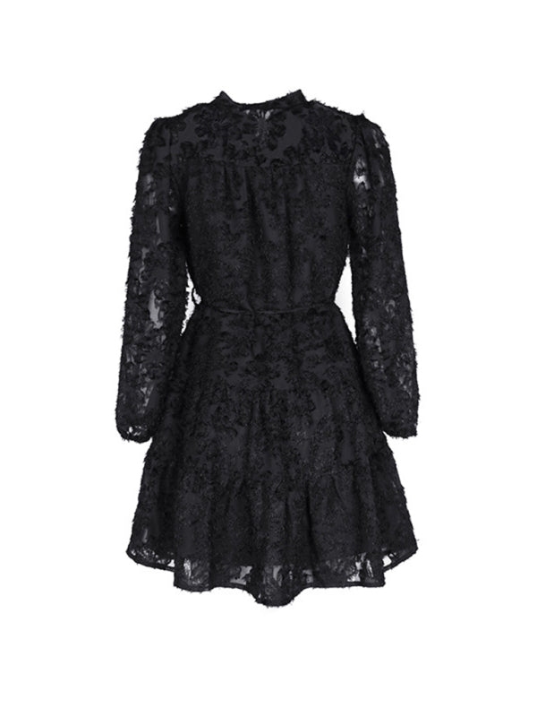 Women's new solid color three-dimensional jacquard long-sleeved round neck dress kakaclo
