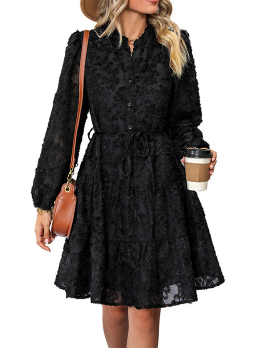 Women's new solid color three-dimensional jacquard long-sleeved round neck dress kakaclo