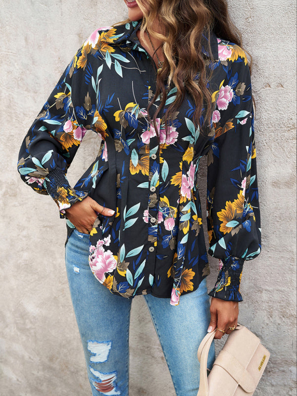 Temperament Commuter Printed Long Sleeve Shirt BLUE ZONE PLANET