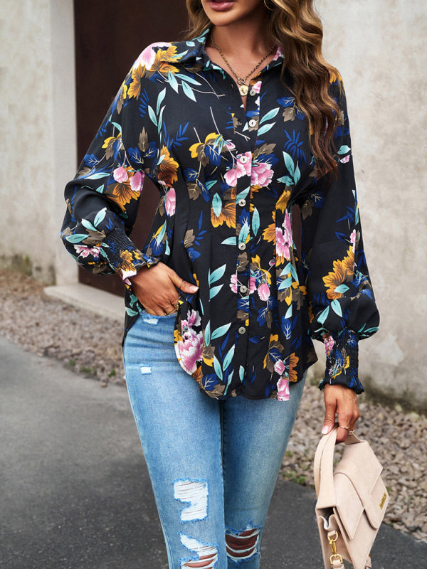 Temperament Commuter Printed Long Sleeve Shirt BLUE ZONE PLANET